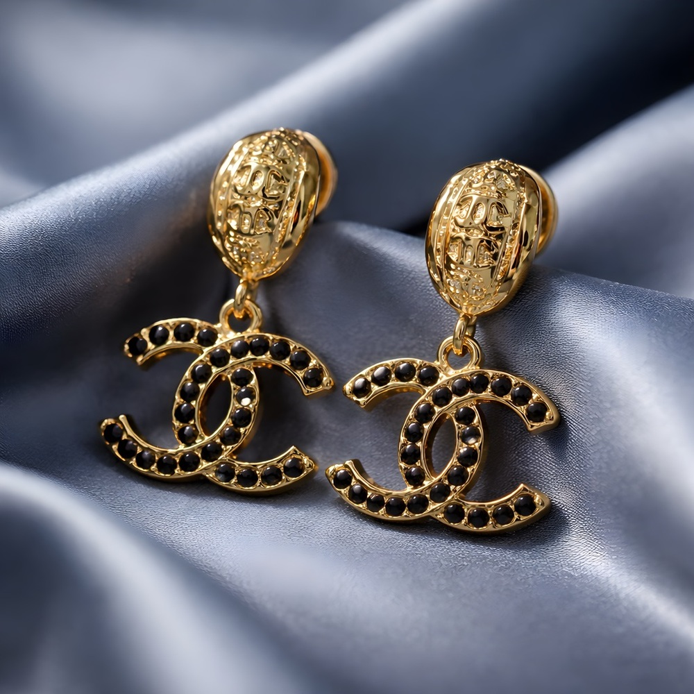 Gold-Tone Drop Earrings with Black Stones